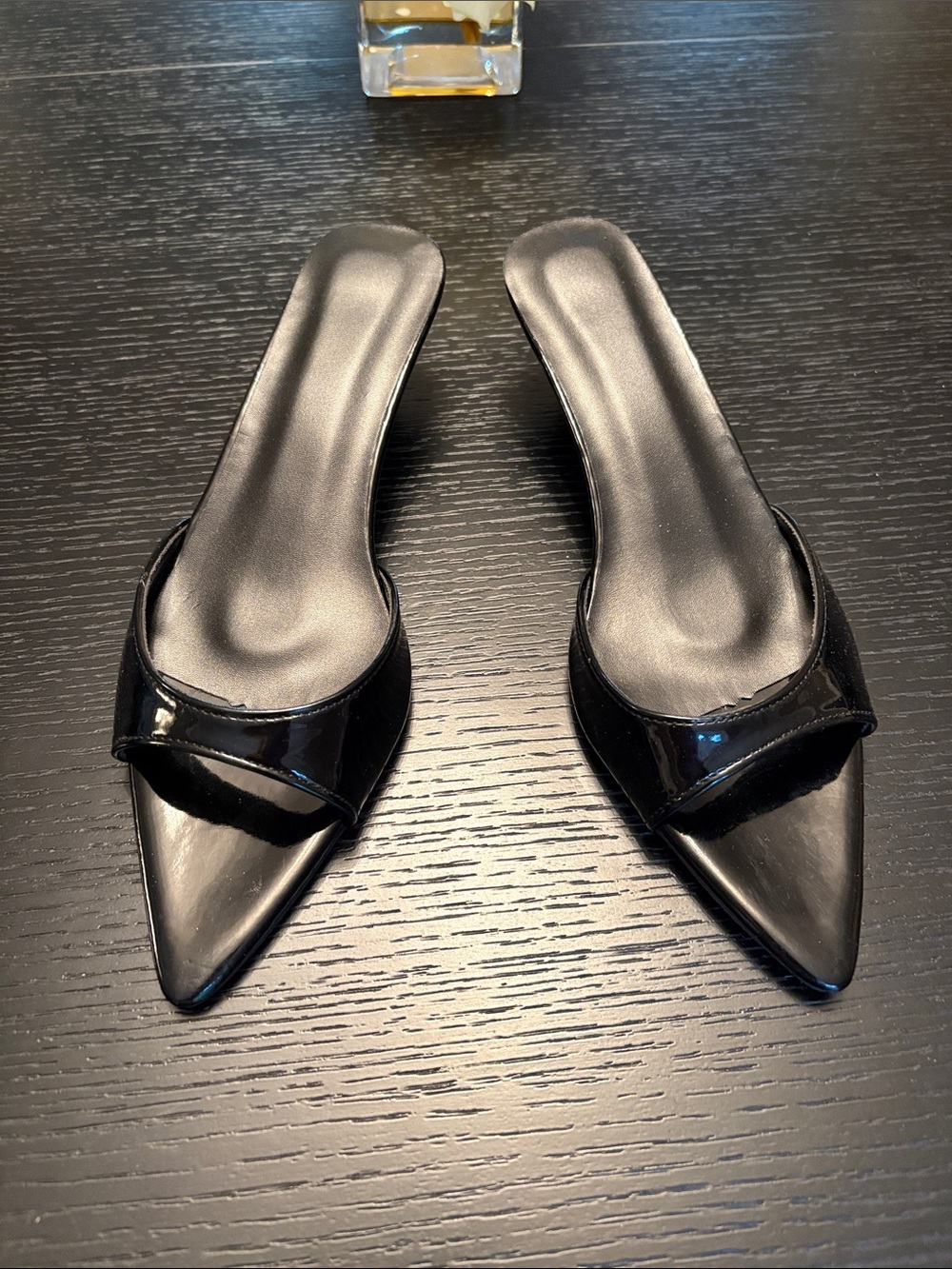 Source Unknown Black Patent Pointed-Toe Mule Slides